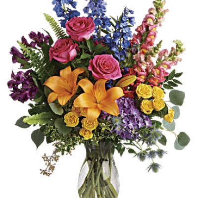 <div id="mark-3" class="m-pdp-tabs-marketing-description">A rainbow of beauty for any occasion. Purple hydrangea, pink roses and orange lilies positively pop in this bright bouquet, featuring all the colors of the rainbow.</div>
 
<div id="desc-3">
<ul>
 	<li>This colorful bouquet includes purple hydrangea, pink roses, yellow spray roses, orange asiatic lilies, purple alstroemeria, blue delphinium, pink snapdragons, blue eryngium, huckleberry, oregonia, Israeli ruscus, sword fern, silver dollar eucalyptus, seeded eucalyptus, and lemon leaf.</li>
</ul>
</div>